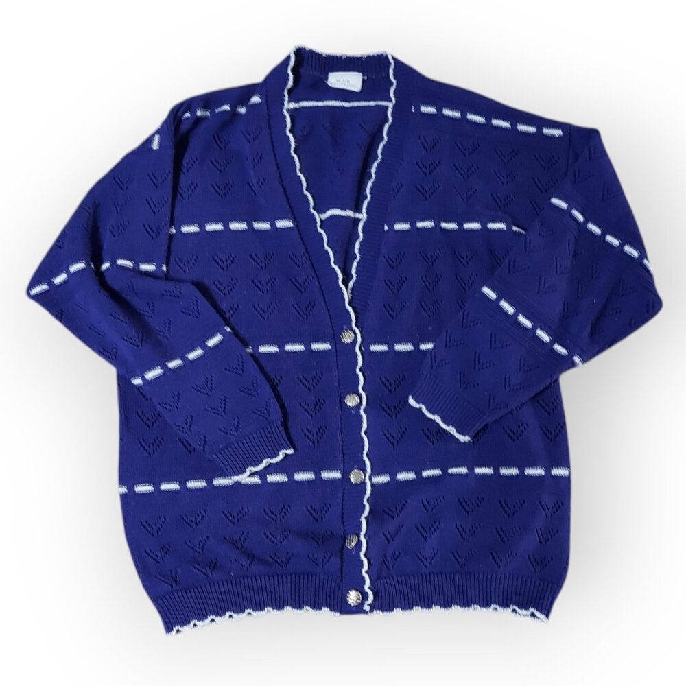 Vintage Blair Boutique Indigo V-Neck Sweater Metallic Striped Pointelle - XL